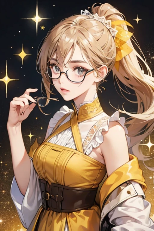 Pencil is a pale brown and yellow . She has a ponytail as her hairstyle. For attire, she wears glasses,  SPARKLE; GLITTER