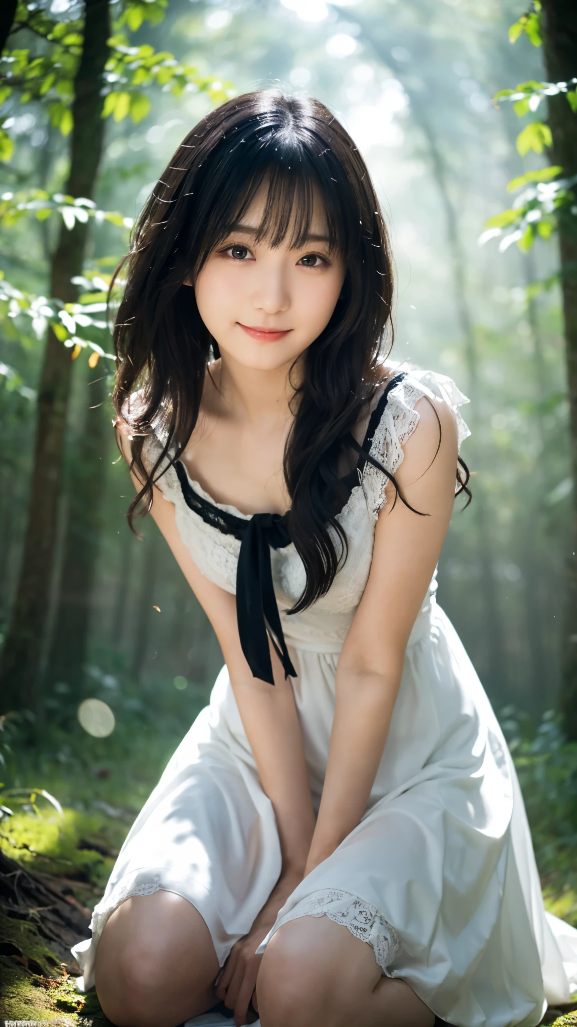 (highest quality,masterpiece:1.3,Ultra-high resolution),(Super detailed,Caustics,8k), (Photorealistic:1.4, RAW shooting),(A forest shrouded in a mysterious, dense fog),(Sunlight filtering through the trees) ,(Light pours down),18-year-old,cute,Are standing,A big smile,looking at the camera,Black Hair Middle Hair,White lace long dress, (Waist up shot), (Low position),(Low - Angle),Natural light