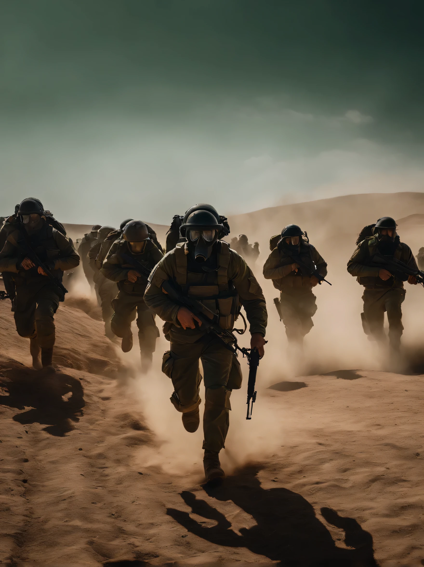hundreds of soldiers in black uniform running, wearing black metal helmet, tactical gas mask, they are in a post apocalyptic desert, there are field of translucent green mineral crystals coming out of the earth, greenish haze, dark sky, image in dark colors, side view, 4k, ultra detailed image, realistic, very detailed, perfect composition, splendid, intricately detailed, incredibly detailed, art photography 8k, hyper detailed, Masterpiece, ultra detailed, hyper realistic, 4k, ultra detailed image, realistic , highly detailed, perfect composition, splendid, intricately detailed, incredibly detailed , Artistic photography in 8k, hyper detailed