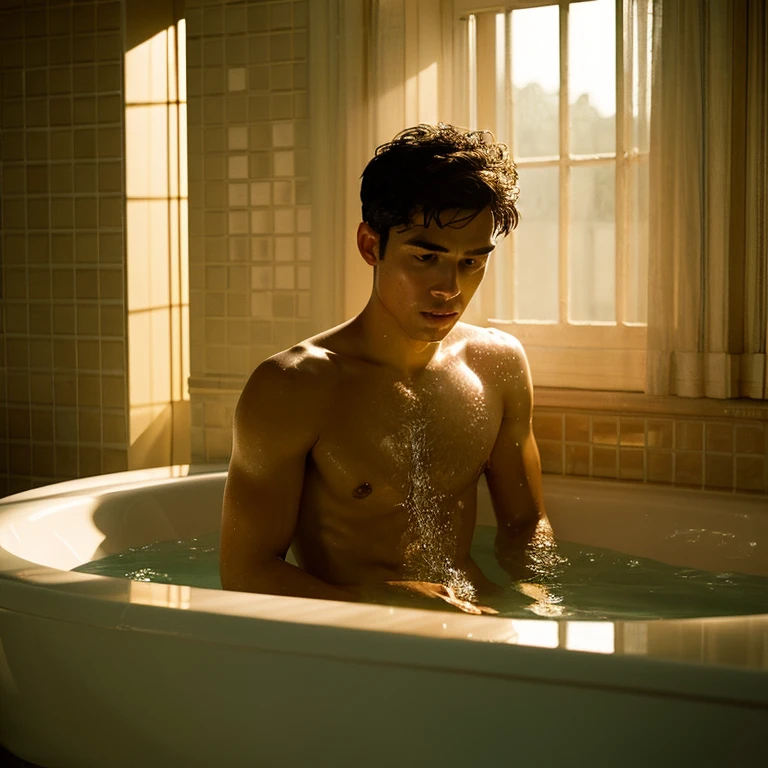 A masterpiece photograph of a man, showcasing an outstanding cinematic aesthetic. The image, with a 1.4 aspect ratio, captures the man in a bathtub, completely nude, and nonchalantly holding a cigarette between his lips. The bathtub is filled with bubbles, and the man's body is highlighted by the warm, golden light emanating from a nearby window. The overall atmosphere is one of elegance and sophistication, as if to depict a moment of pure indulgence and relaxation.