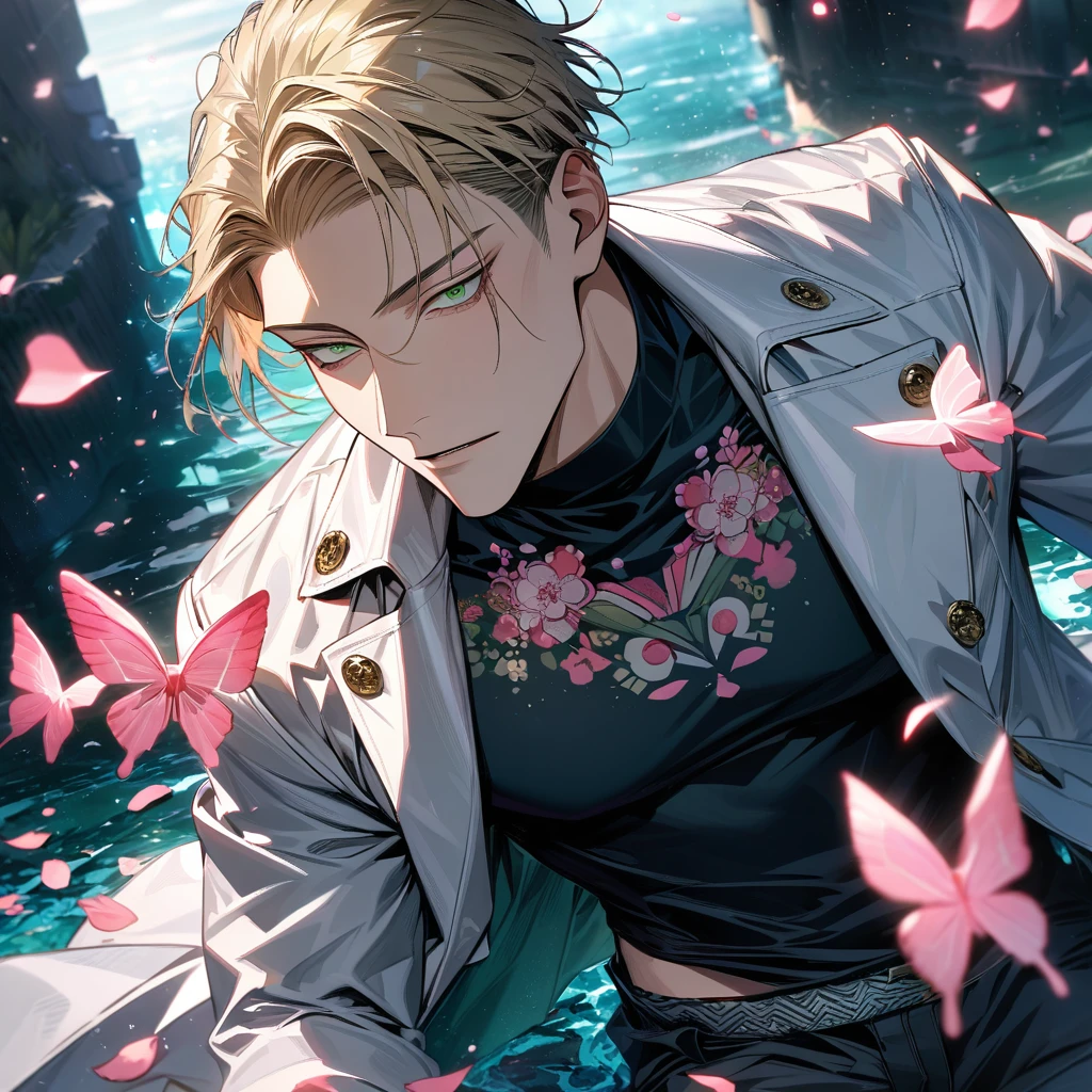 Ultra detailed, Highres, absurdres, HDR, Nanami Kento, blond hair, expressive green eyes, white long coat with patterns, Jujutsu Kaisen, pink flowers, petals, handsome, sexy man, solo, very detailed eyes and face, water, black pants, pink butterflies, black tight t-shirt, master piece,