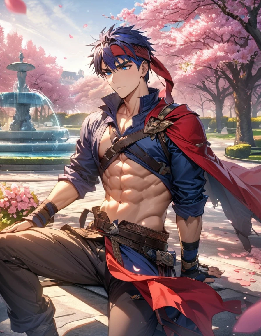 absurdres, highres, ultra detailed, HDR, master piece, best quality, Ike, dark blue hair, expressive blue eyes, Fire Emblem, solo, sexy man, handsome, red headband, red cape, dark blue clothes, toned chest, pink flowers, pink petals, pink trees, blossoms, park, fountain