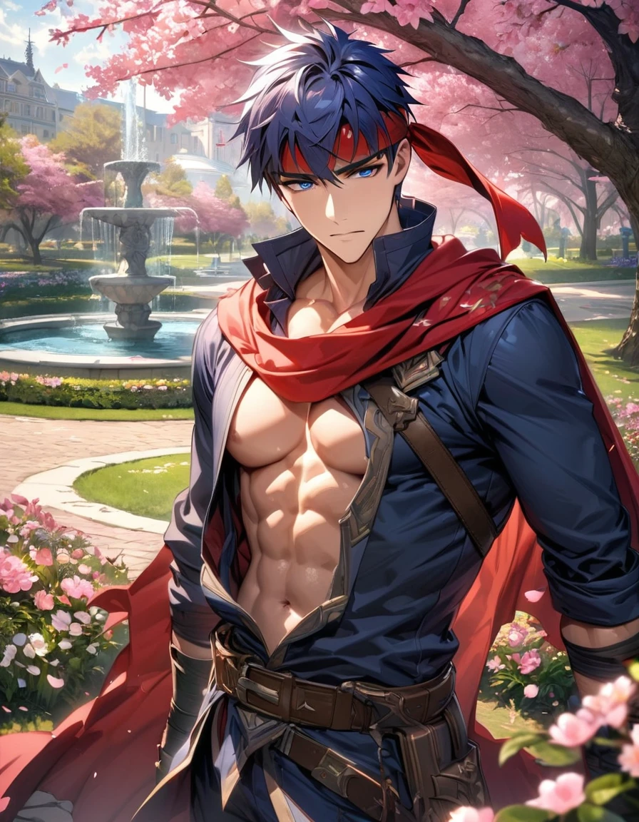 absurdres, highres, ultra detailed, HDR, master piece, best quality, Ike, dark blue hair, expressive blue eyes, Fire Emblem, solo, sexy man, handsome, red headband, red cape, dark blue clothes, toned chest, pink flowers, pink petals, pink trees, blossoms, park, fountain