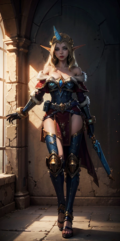 (masterpiece, best quality:1.2) intricate details, winter wonder soraka, 1girl, single horn full body of space marine girl, ultra blue power armor, blonde hair and laurel crown,, fur-trimmed dress, bare shoulders, earrings, blonde hair, pointy ears, smile, shackles bracelets, slave red crest, loincloth standing, metal sandals, big belt, view from below, feet together, bracers, standing contrapposto straight symmetrical looking to viewer