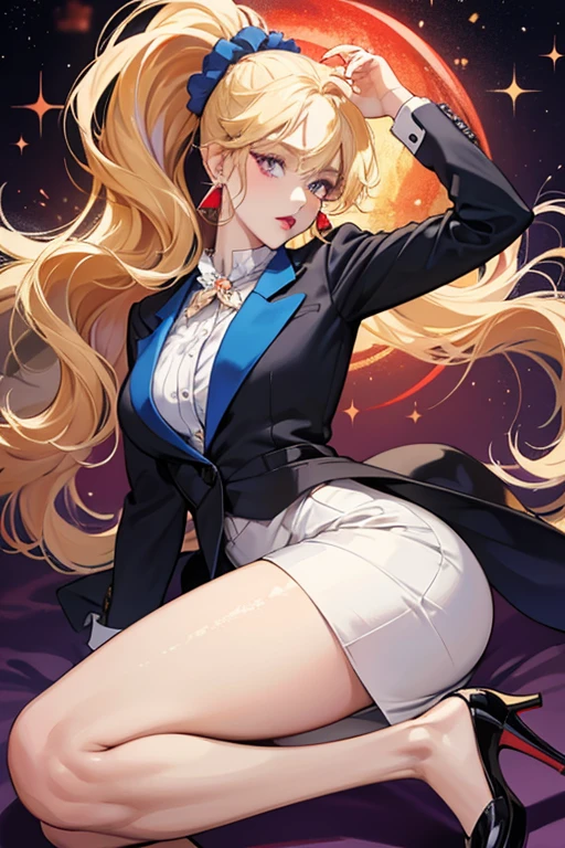 She has long, wavy blond hair and blue/purple eyes. She wears a red skirt and a red jacket opened to show off cleavage. Under her jacket is a black top, possibly sleeveless. She wears ash brown stockings and heeled shoes. SPARKLE; GLITTER