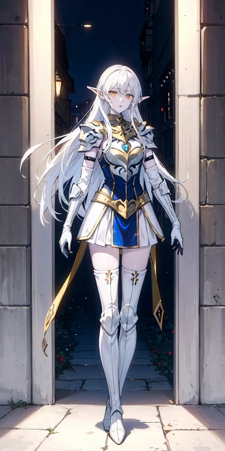 masterpiece, best quality, high quality, white SKIN elf, long hair, white hair, yellow eyes, full body, def_effie, blue breastplate, white skin, looking at viewer, shiny,armor, thighhighs, high boots,shoulder armor, faulds, poleyn, gloves, gauntlets
