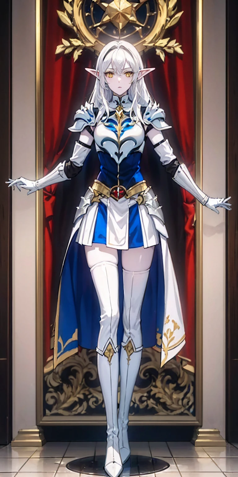 masterpiece, best quality, high quality, white SKIN elf, long hair, white hair, yellow eyes, full body, def_effie, blue breastplate, white skin, looking at viewer, shiny,armor, thighhighs, high boots,shoulder armor, faulds, poleyn, gloves, gauntlets
