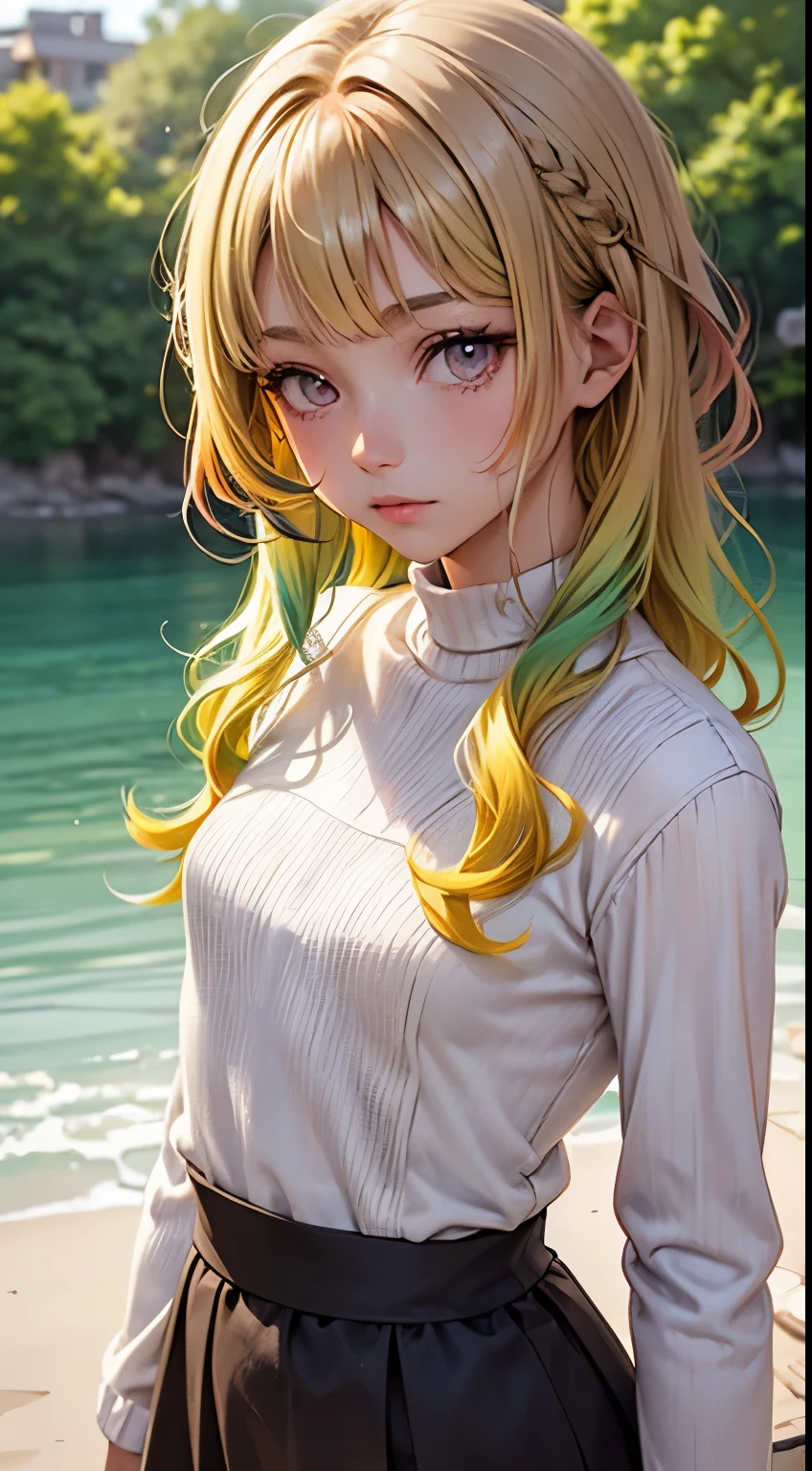 One woman, alone, alone Focus, Cowboy Shot, Portraiture,, Beaver,Half water color, Half Green, ((Brown Hair)), (Yellow Hair), (Gradient Hair :1.5), Curly Hair, ((Pink Eyes)), Ultra-detailed eyes, work, White knit, (Small TI quality, Very detailed,Full Shot