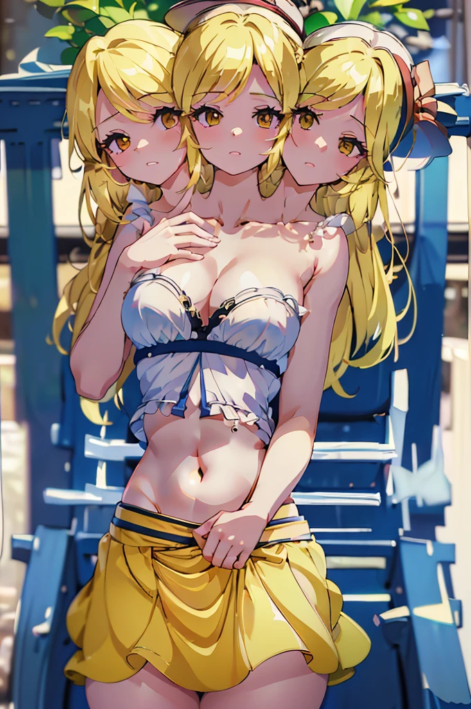 (masterpiece, best quality), best quality, (ultra-detailed), (3heads:1.5), 1girl, (kana anaberal:1.3), masterpiece, best quality, ultra quality, ultra resolution, ultra detail, white light blue top, crop top, ((stomach)), midriff, ((groin)), white and blue skirt, normal ears, shackles, blonde hair, very long hair, wavy hair, sidelocks, yellow eyes, parted lips, open belly, sweat, cute, toned belly, hand on own chest, eyelashes, (25 year old woman:1.3), (masterpiece:1.5), (best quality:1.5), (beautiful detailed), extremely detailed CG, extremely delicate and beautiful, depth of field, (finely detailed face), (perfect details:1.3), (mature female:1.3), wide pelvis, slender, large veiny breast, 16k resolution, highres, high quality, high definition, extremely detailed, masterpiece, blonde hair, long hair, alluring presence, braid, short skirt, close up, big tits, young, hat, hat ribbon,