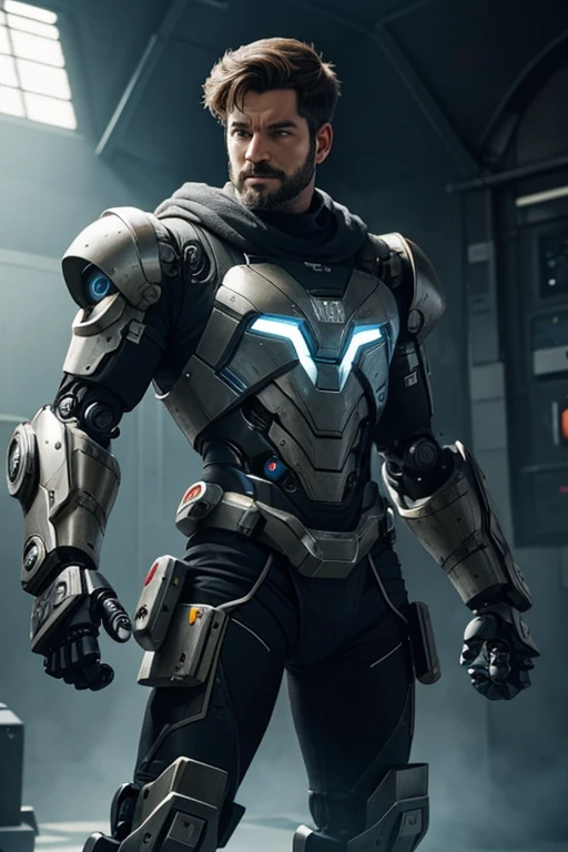 Man with a robotic gauntlet.