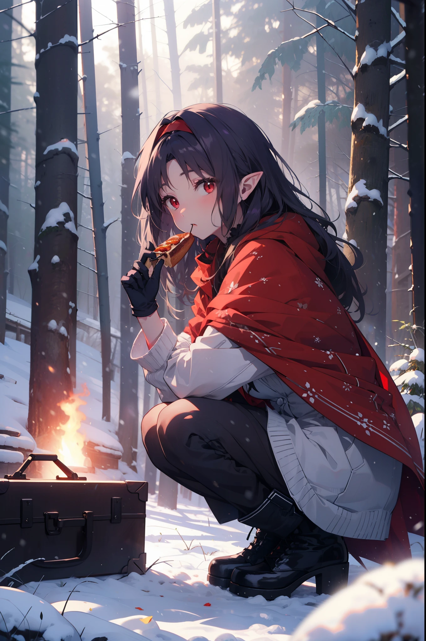 yuukikonno, Yuki Konno, hair band, Long Hair, Pointy Ears, Purple Hair, (Red eyes:1.5), (Small breasts:1.2), Open your mouth,snow, Food, fire, Outdoor, boots, snowing, From the side, wood, suitcase, Cape, Blurred, Food up, forest, gloves, nature, Brown eyes, white gloves, Squat, Mouth closed, Fooded Cape, winter, Written boundary depth, Black shoes, red Cape
break looking at viewer, Upper Body, whole body,
break Outdoor, forest, nature,
break (masterpiece:1.2), highest quality, High resolution, unity 8k wallpaper, (shape:0.8), (Fine and beautiful eyes:1.6), Highly detailed face, Perfect lighting, Highly detailed CG, (Perfect hands, Perfect Anatomy),