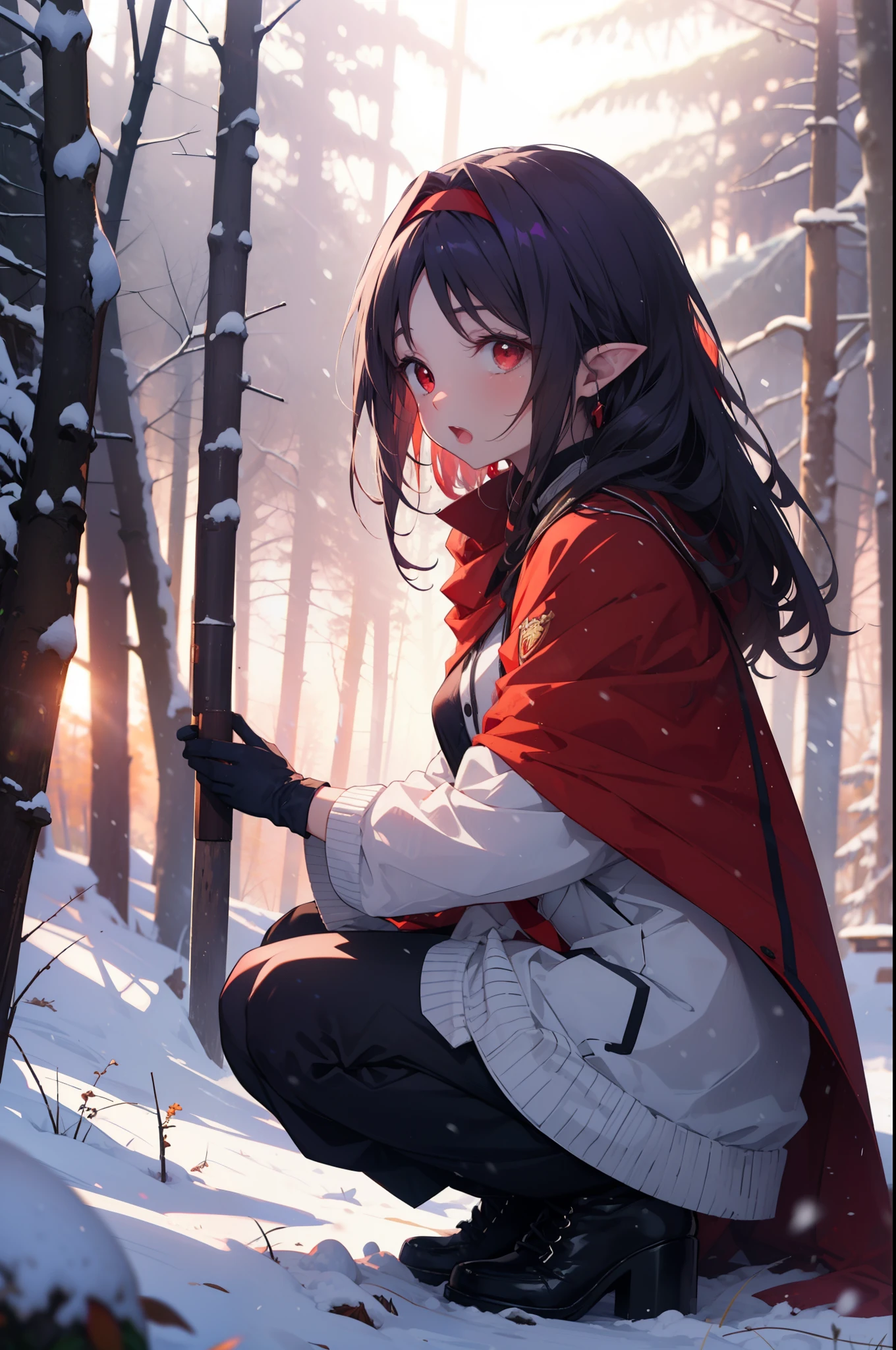 yuukikonno, Yuki Konno, hair band, Long Hair, Pointy Ears, Purple Hair, (Red eyes:1.5), (Small breasts:1.2), Open your mouth,snow, Food, fire, Outdoor, boots, snowing, From the side, wood, suitcase, Cape, Blurred, Food up, forest, gloves, nature, Brown eyes, white gloves, Squat, Mouth closed, Fooded Cape, winter, Written boundary depth, Black shoes, red Cape
break looking at viewer, Upper Body, whole body,
break Outdoor, forest, nature,
break (masterpiece:1.2), highest quality, High resolution, unity 8k wallpaper, (shape:0.8), (Fine and beautiful eyes:1.6), Highly detailed face, Perfect lighting, Highly detailed CG, (Perfect hands, Perfect Anatomy),