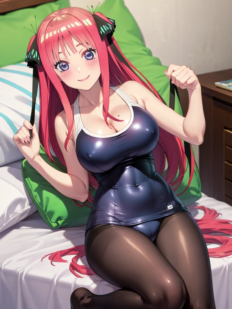 best quality, ultra-detailed masterpiece, nino nakano, one-piece swimsuit, large breasts, pantyhose, blush, smile, bed room