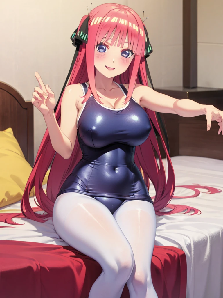 best quality, ultra-detailed masterpiece, nino nakano, one-piece swimsuit, large , pantyholush, smile, bed room