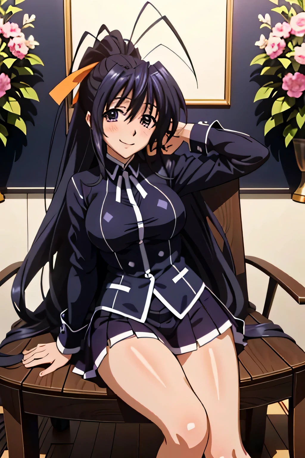 Himejima Akeno、Long Hair、(draw the eyes:1.2)、one person 、smile 、blush 
、(Sit on a chair、Stand your left foot、Stretch your right leg) 
、Tight Skirt
、Facing forward
、(highest quality) 、(Fine skin:1.3)