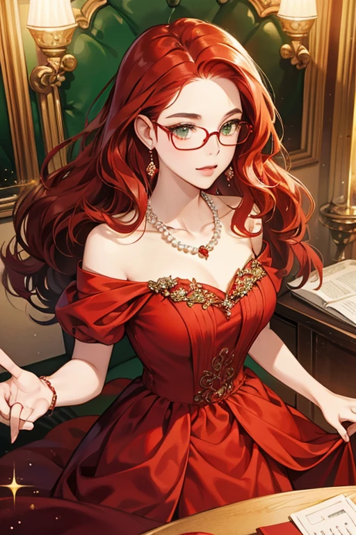 Her most prevalent features are her wavy red hair and green round-frame eyeglasses. wearing a long red dress and a pearl necklace. SPARKLE; GLITTER