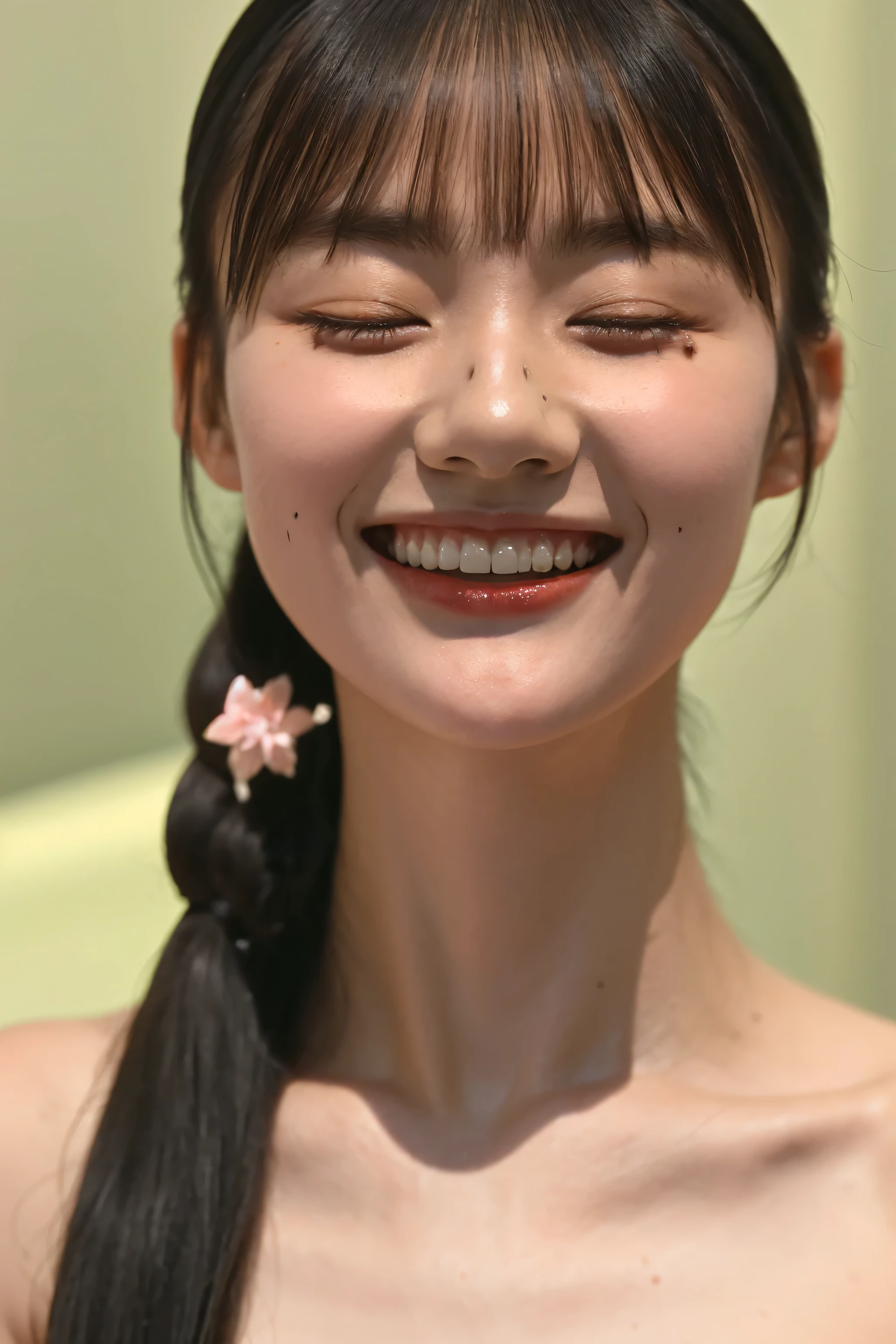 ((close up shot)),((nude)),Ultra-high resolution,big eyes,grin,Japanese,bangs,(a girl),(1 girl),((18-year-old)),(cute),pretty,(slanted eyes),facing at viewer,eyes closed