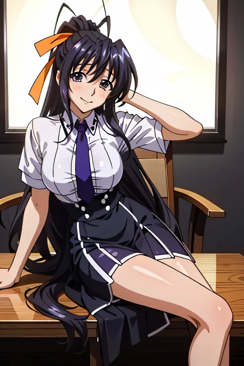 Himejima Akeno、Long Hair、(draw the eyes:1.2)、one person 、smile 、blush 
、(Sit on a chair、Stand your left foot、Stretch your right leg) 
、Tight Skirt
、Facing forward
、(highest quality) 、(Fine skin:1.3)