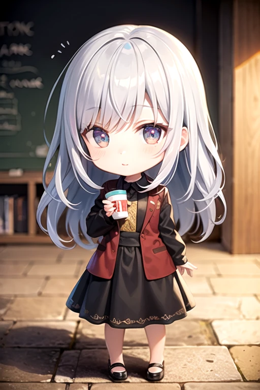 ((highest quality)), ((masterpiece)),  Perfect Face、Anime characters、Chibi character、girl、clothes、student、Lively、Silver Hair、Single
