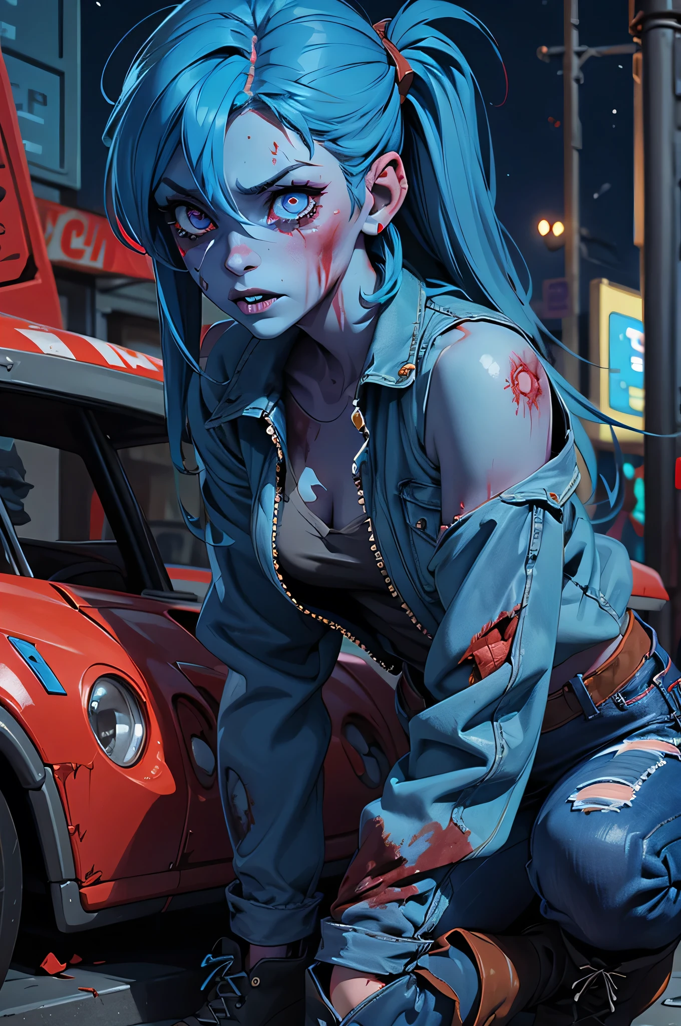  female full zombie. blue skin, zombie skin, vivid,head close up, flesh falling off, ripped skin,, tears, night background city blood, gore, jeans, , boots, day drreaming face 