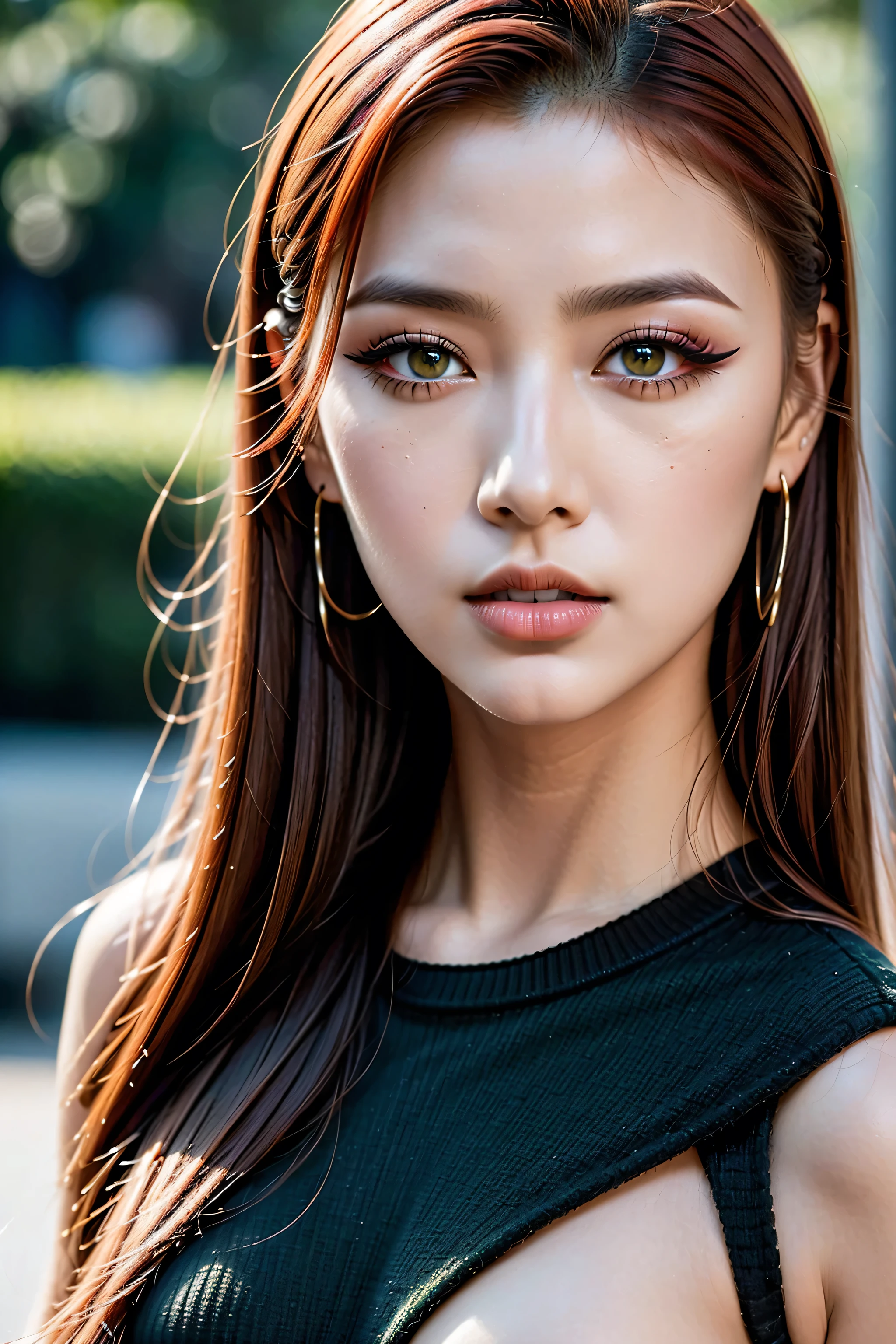 Divide Ratio : 1,1,1 Base Ratio: ((super detail portrait:1.2)), (1girl:1.35, 20-year-old), Realism, highest resolution, (depth of field), (the most absurd quality),(highest quality realistic texture skin),(highest quality realistic texture hair),BREAK,((red hair, (slicked to one side), ultra detailed:1.3)), ((perfect proportions)),((anatomically correct)), ((firm and full breasts:1.25)),(the most absurd quality perfect eyes), (super detail beautiful face), ((light pale complexion)), ((ultra detailed clear, perfect round realistic green green_eyes:1.35)), BREAK, finely detailed pupils, detailed lips:1.3, pink_makeup:1.3, ((long_blue_eyeliner:1.3)), red_lipstick:1.3, (perfect dark_eyeshadows:1.35), BREAK, (Detailed nose:1.3), (Upper body shot), BREAK, ((wearing a tight black knitted dress:1.35)),((small round head:1.3)), ((close up of her face:1.1)), exquisite balance of shadows,perfect composition, ((look at the viewer)), Hasselblad, 85mm f/4.0