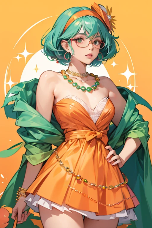 Miriam has peach skin and periwinkle-colored wig. She wears a green outfit, a yellow bead necklace, and orange earrings each made from two orange beads. She wears a pair of pink glasses with green lenses and has a pair of small black eyes.  SPARKLE; GLITTER