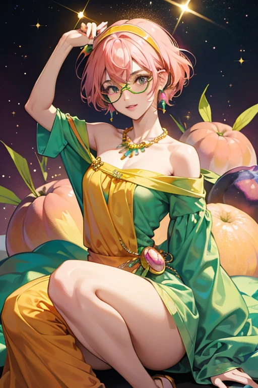 Miriam has peach skin and periwinkle-colored wig. She wears a green outfit, a yellow bead necklace, and orange earrings each made from two orange beads. She wears a pair of pink glasses with green lenses and has a pair of small black eyes. SPARKLE; GLITTER