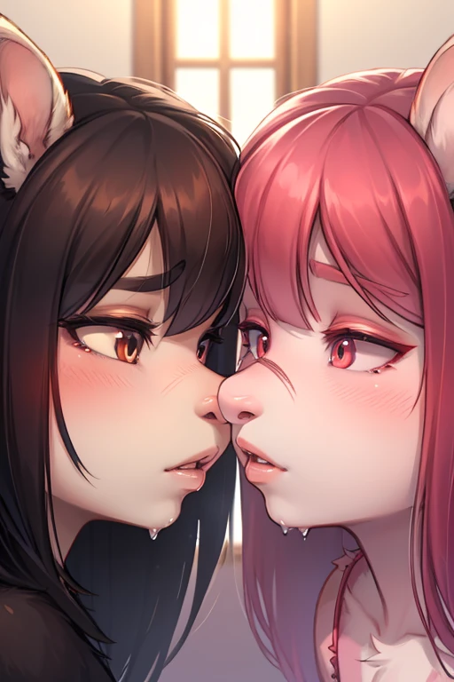 porn style , focus face , 1 girly demon and 1 girly daemon , realistic hairy fur , round face , (tilt face:1.2) , loose , half-open moist eyes , Swollen cheeks , (glossy lips) , Gazing at each other , (pull strings mouth to mouth:0.7) , (nose to nose:1.3)
