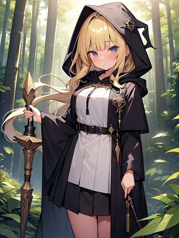 Masterpiece, Top quality, (1 beautiful girl), junior high school student, Blonde, Medium Hair, wavy Hair, blunt bangs, standard weight, ((very large dark sorceress long robe with hood)), pleated skirt, flustered, holding a staff, standing, beautiful scene of forest, cowboy shot, The breeze is blowing