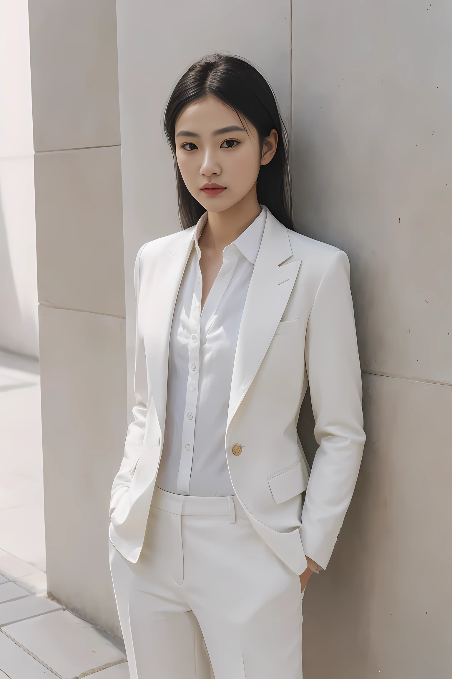fashion cover, front view, upper-body, woman model, white marble wall, black suit, green shirt, yellow pants