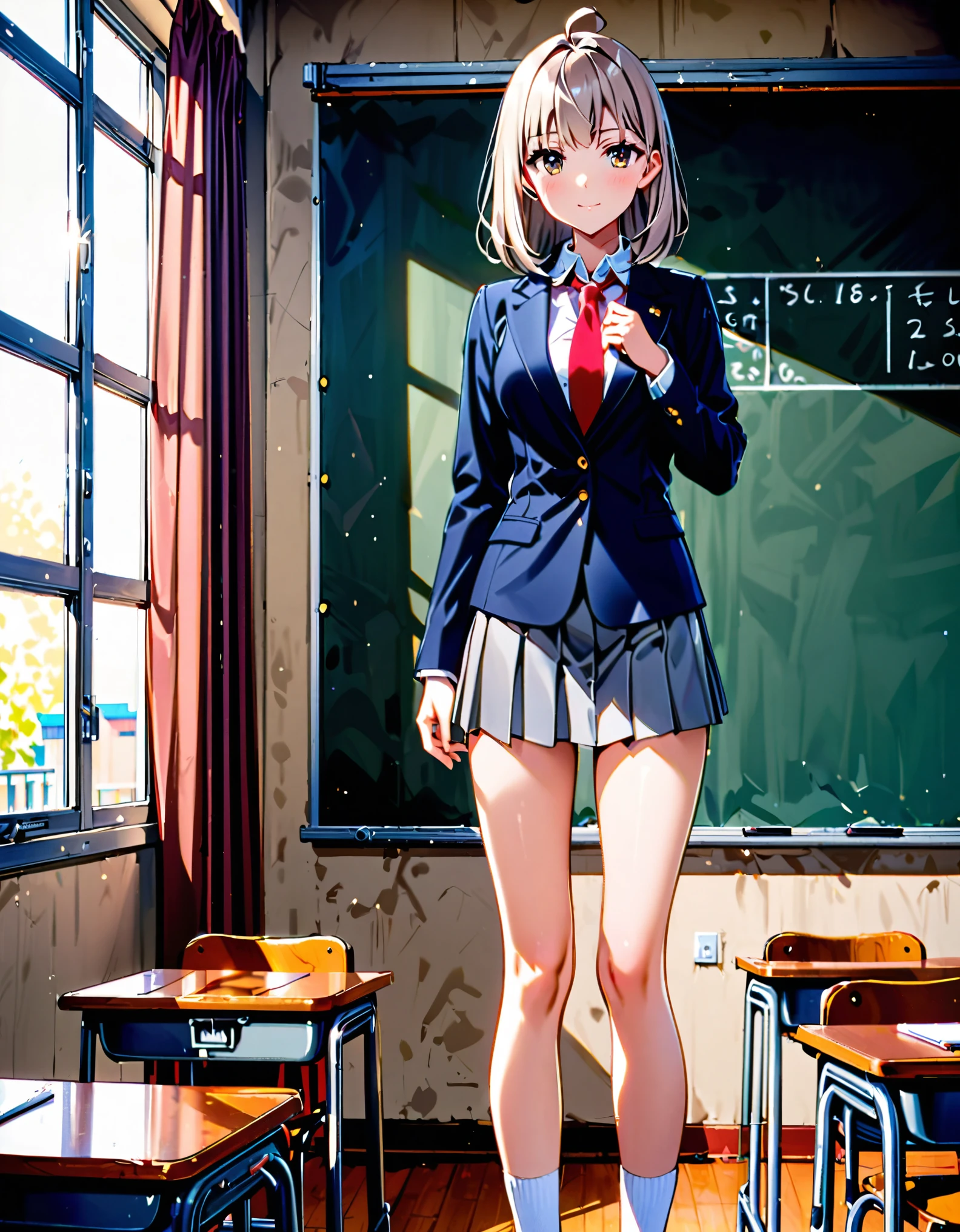 1girl, tall body, high school student, suit, dark blue suit jacket, white shirt, (red ribbon necktie), grey pleated skirt, miniskirt, bare legs, white socks, brown shoes, light grey hair, hazel eyes, med-back-length hair, bangs, ahoge, beautiful detailed eyes, beautiful detailed face, cute face, medium breasts, perfect hands, complete fingers, perfect anatomy, perfect proportions, age 18, solo, solo focus, standing, classroom backdrop, warm lighting, full body with costume