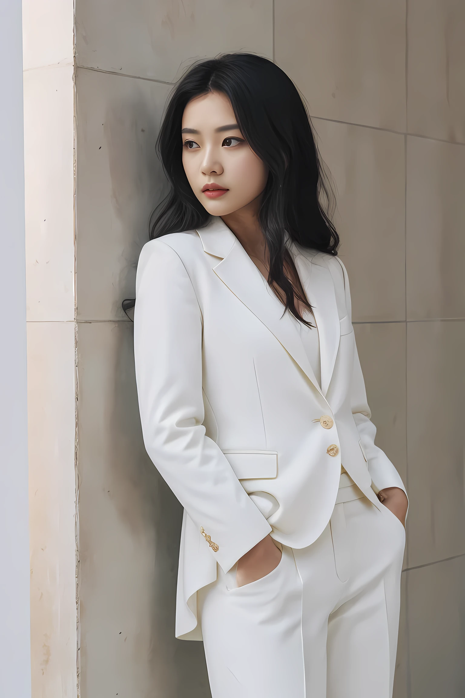 fashion cover, front view, upper-body, woman model, white marble wall, black suit, green shirt, yellow pants