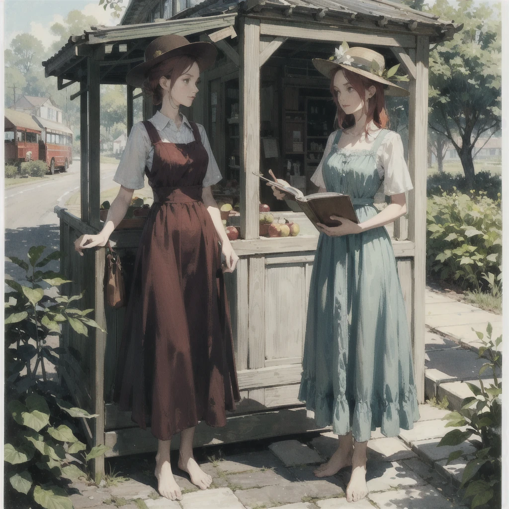 a beautiful slender thin girl with a perfect face of the southern type with red hair in a 19th century dress in a hat with a book and an apple stands barefoot (near the big old one ((the bus))) (at the bus station), summer, A warm sunny day, in a gentle watercolor style, Discreet shades, sfumato, haze, diffused dim light, delicate mint shades, imitation of film photography, olive and grape shades, Brick Road, Brick house, coffee, High image quality, Maximum detail, big space eyes, big old bus nearby
