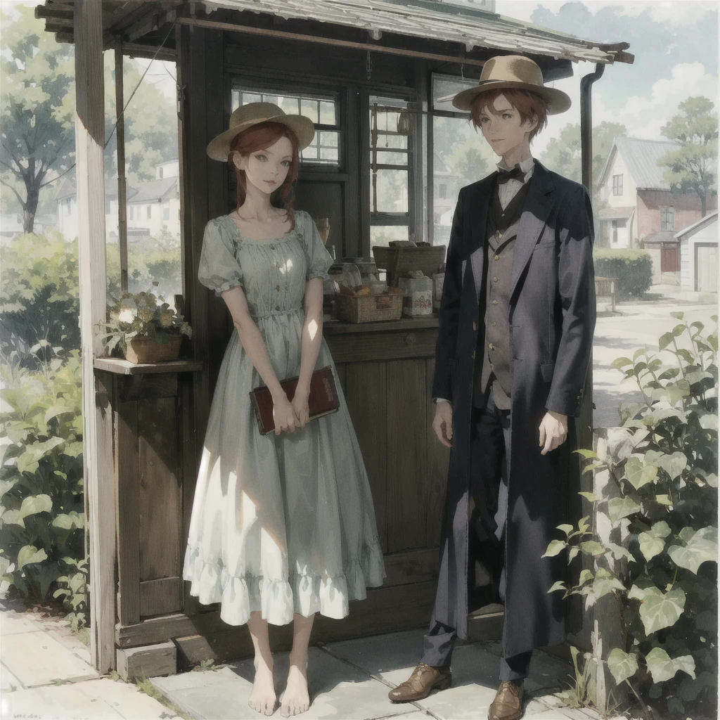 a beautiful slender thin girl with a perfect face of the southern type with red hair in a 19th century dress in a hat with a book and an apple stands barefoot (near the big old one ((the bus))) (at the bus station), summer, A warm sunny day, in a gentle watercolor style, Discreet shades, sfumato, haze, diffused dim light, delicate mint shades, imitation of film photography, olive and grape shades, Brick Road, Brick house, coffee, High image quality, Maximum detail, big space eyes, big old bus nearby