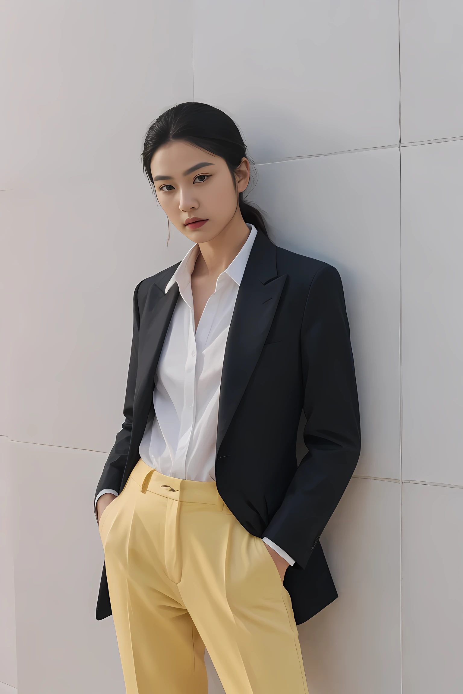 fashion cover, front view, upper-body, woman model, white marble wall, black suit, green shirt, yellow pants