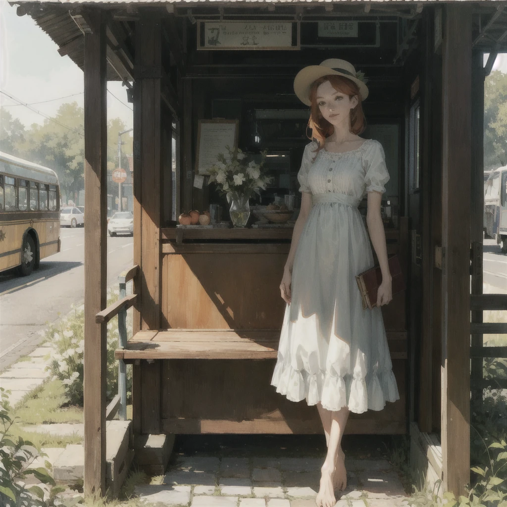 a beautiful slender thin girl with a perfect face of the southern type with red hair in a 19th century dress in a hat with a book and an apple stands barefoot (near the big old one ((the bus))) (at the bus station), summer, A warm sunny day, in a gentle watercolor style, Discreet shades, sfumato, haze, diffused dim light, delicate mint shades, imitation of film photography, olive and grape shades, Brick Road, Brick house, coffee, High image quality, Maximum detail, big space eyes, big old bus nearby