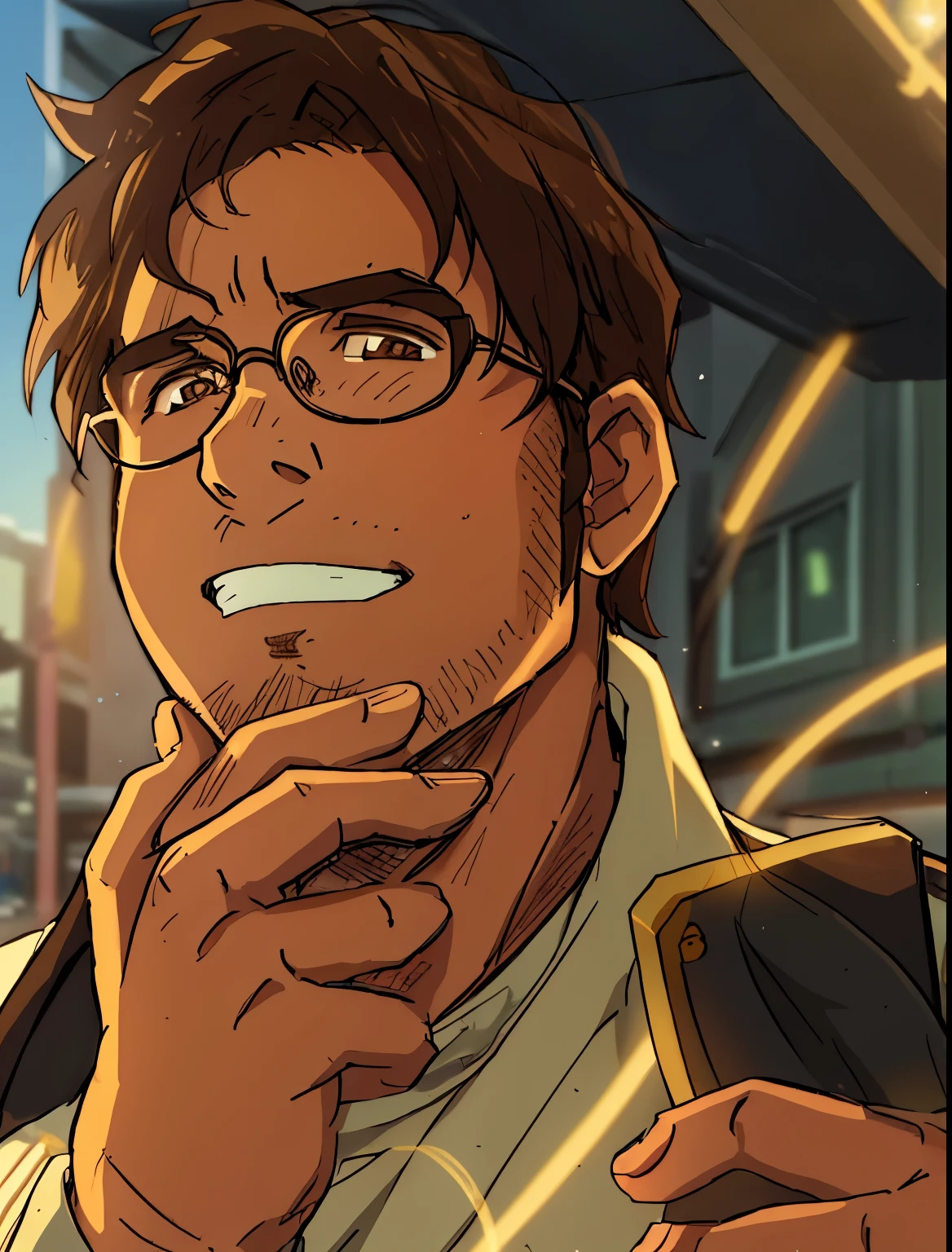 Masterpiece, Best Quality, Ultra-Detailed, 1boy, hunk_voltron, street bakground, looking at you, daylight, brown shirt, glasses, golden earring, light beard 