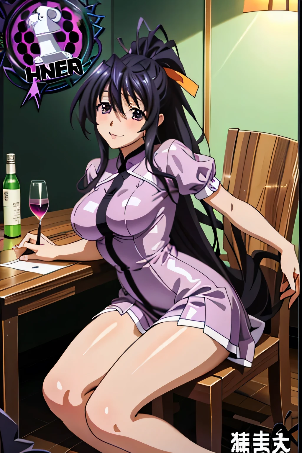 Himejima Akeno、Long Hair、(draw the eyes:1.2)、one person 、smile 、blush
、(Sit on a chair、Stand your left foot、Stretch your right leg)
、Tight Skirt
、Facing forward
、(highest quality) 、(Fine skin:1.3)