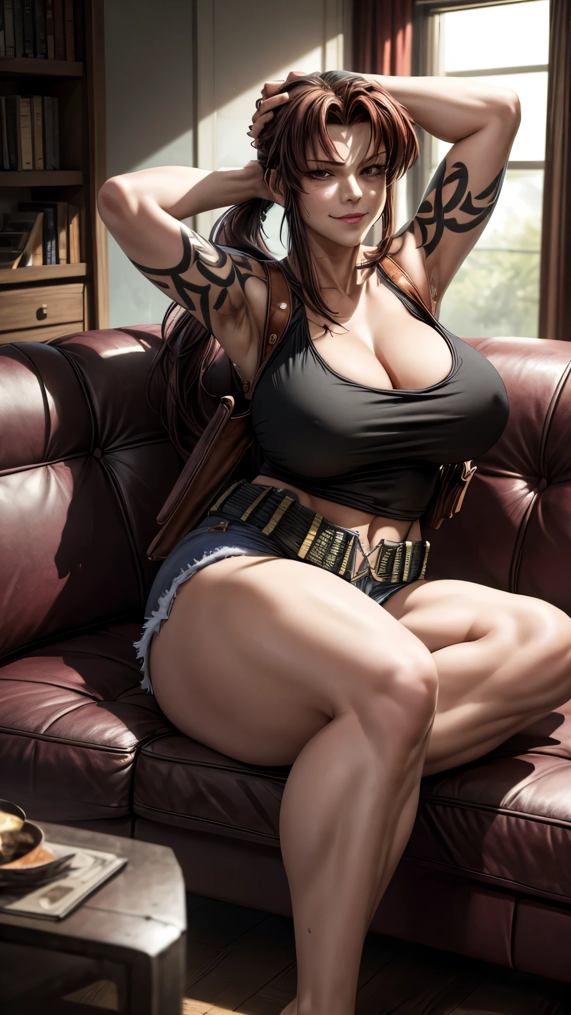 (masterpiece, best quality:1.2), solo, 1girl, revy, smirk, looking at viewer, sitting, arms behind head, couch, ponytail, tank top, denim shorts, belt, holster, large breasts, thick thighs, curvy hips