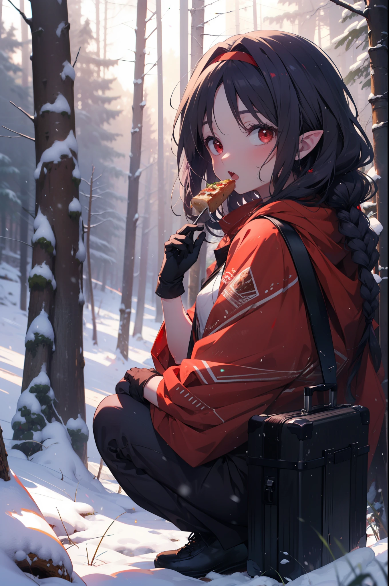 yuukikonno, Yuki Konno, hair band, Long Hair, Pointy Ears, Purple Hair, (Red eyes:1.5), (Small breasts:1.2), Open your mouth,snow, Food, fire, Outdoor, boots, snowing, From the side, wood, suitcase, Cape, Blurred, Food up, forest, gloves, nature, Brown eyes, white gloves, Squat, Mouth closed, Fooded Cape, winter, Written boundary depth, Black shoes, red Cape
break looking at viewer, Upper Body, whole body,
break Outdoor, forest, nature,
break (masterpiece:1.2), highest quality, High resolution, unity 8k wallpaper, (shape:0.8), (Fine and beautiful eyes:1.6), Highly detailed face, Perfect lighting, Highly detailed CG, (Perfect hands, Perfect Anatomy),