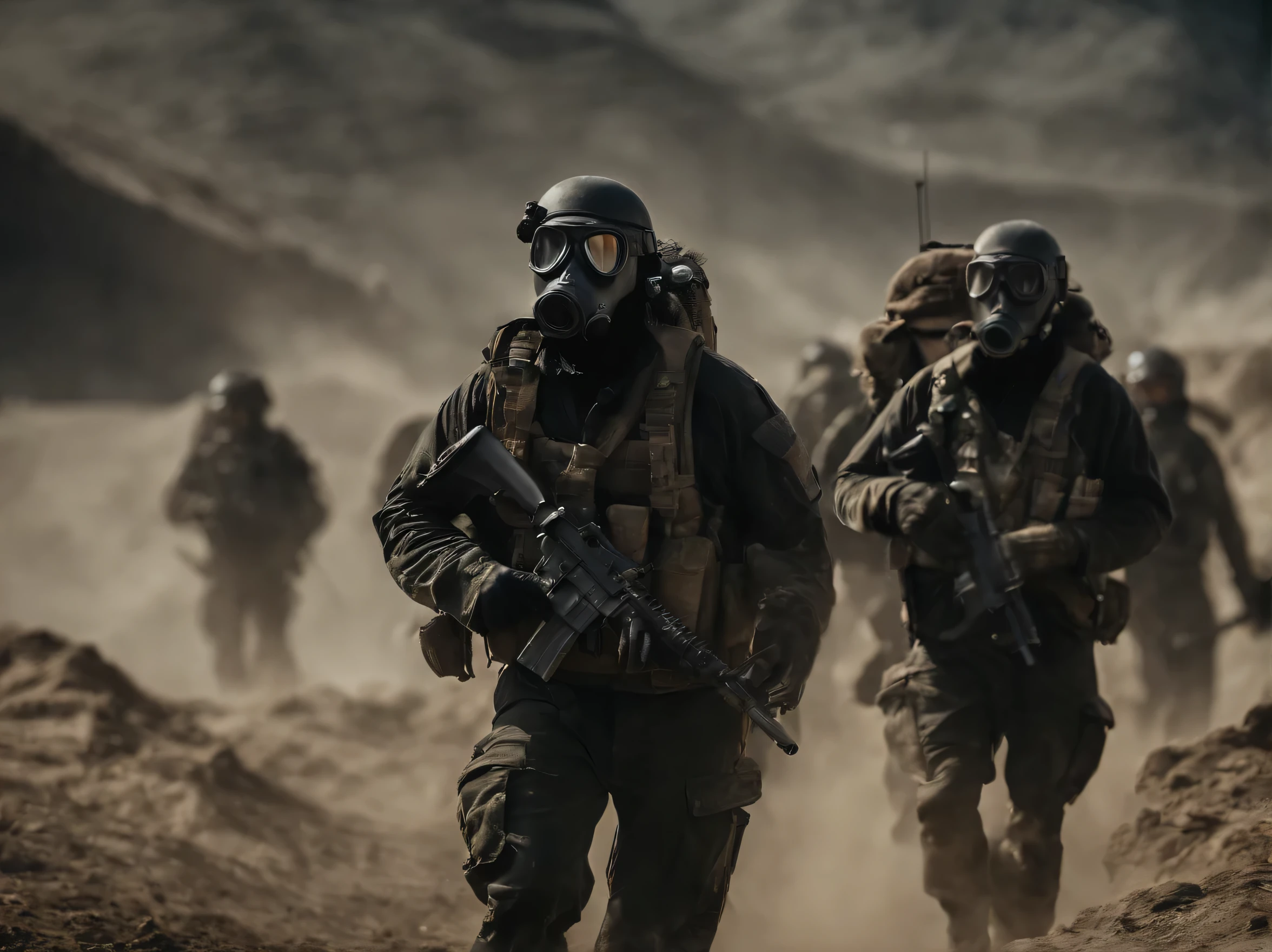 hundreds of soldiers in black uniform running, wearing black metal helmet, tactical gas mask, they are in a post apocalyptic desert, there are field of translucent green mineral crystals coming out of the earth, greenish haze, dark sky, image in dark colors, side view, 4k, ultra detailed image, realistic, very detailed, perfect composition, splendid, intricately detailed, incredibly detailed, art photography 8k, hyper detailed, Masterpiece, ultra detailed, hyper realistic, 4k, ultra detailed image, realistic , highly detailed, perfect composition, splendid, intricately detailed, incredibly detailed , Artistic photography in 8k, hyper detailed