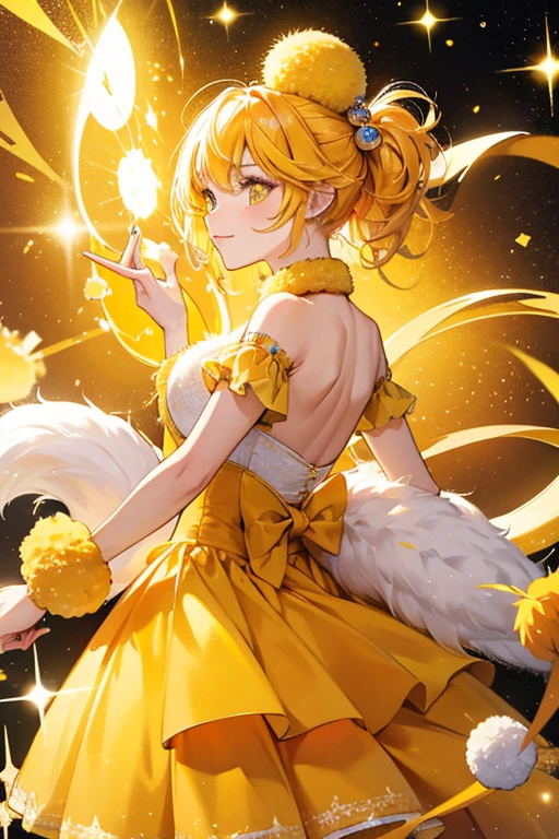 yellow with an orange eyelids and tail ending with a yellow pompom SPARKLE; GLITTER