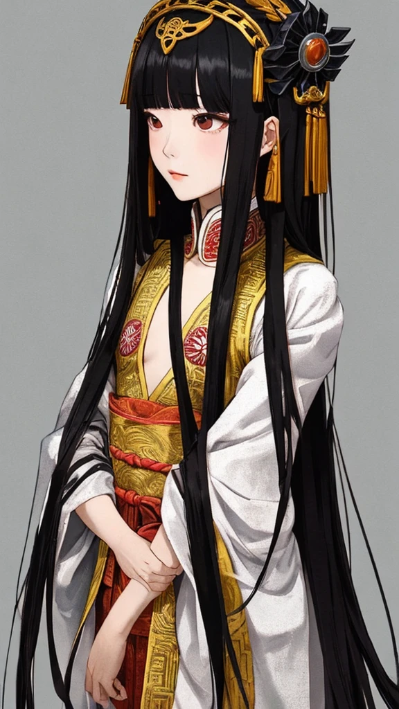 Long straight black hair, flat chest, hairpin, headdress, imperial concubine's clothing, embroidered shoes, Chinese palace