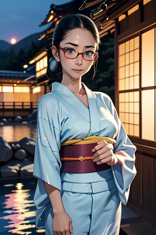 (masterpiece, highest quality), One Girl,  Satou, Satou, Glasses, yukata, Satou, Glasses, 赤いフレームのGlasses, Onsen town in Japan:1.5,Head to waist,yukata:1.6,hot spring,Dogo Onsen,Kusatsu Hot Springs,