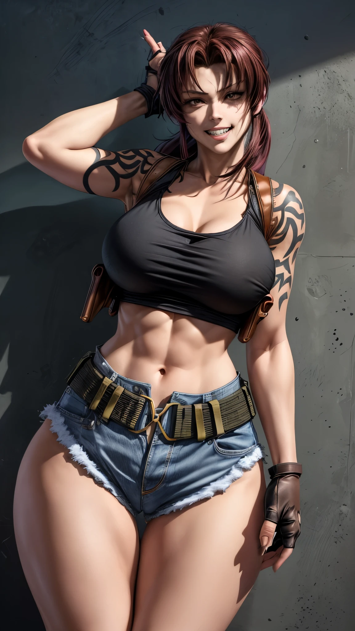 (masterpiece, best quality:1.2), solo, 1girl, revy, grin, looking at viewer, gunatyou, beretta 92, gun, aiming at viewer, holding gun, ponytail, tank top, fingerless gloves, denim shorts, belt, holster, large breasts, thick thighs, curvy hips 