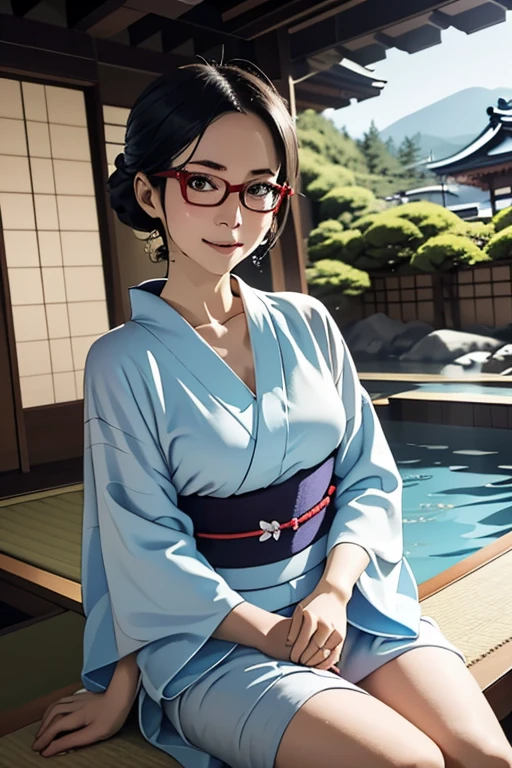 (masterpiece, highest quality), One Girl, Satou, Satou, Glasses, yukata, Satou, Glasses, 赤いフレームのGlasses, Onsen town in Japan:1.5,Head to waist,yukata:1.6,hot spring,Dogo Onsen,Kusatsu Hot Springs,