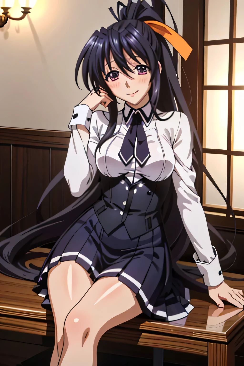 Himejima Akeno、Long Hair、(draw the eyes:1.2)、one person 、smile 、blush 
、(Sit on a chair、Stand your left foot、Stretch your right leg) 
、Tight Skirt
、Facing forward
、(highest quality) 、(Fine skin:1.3)