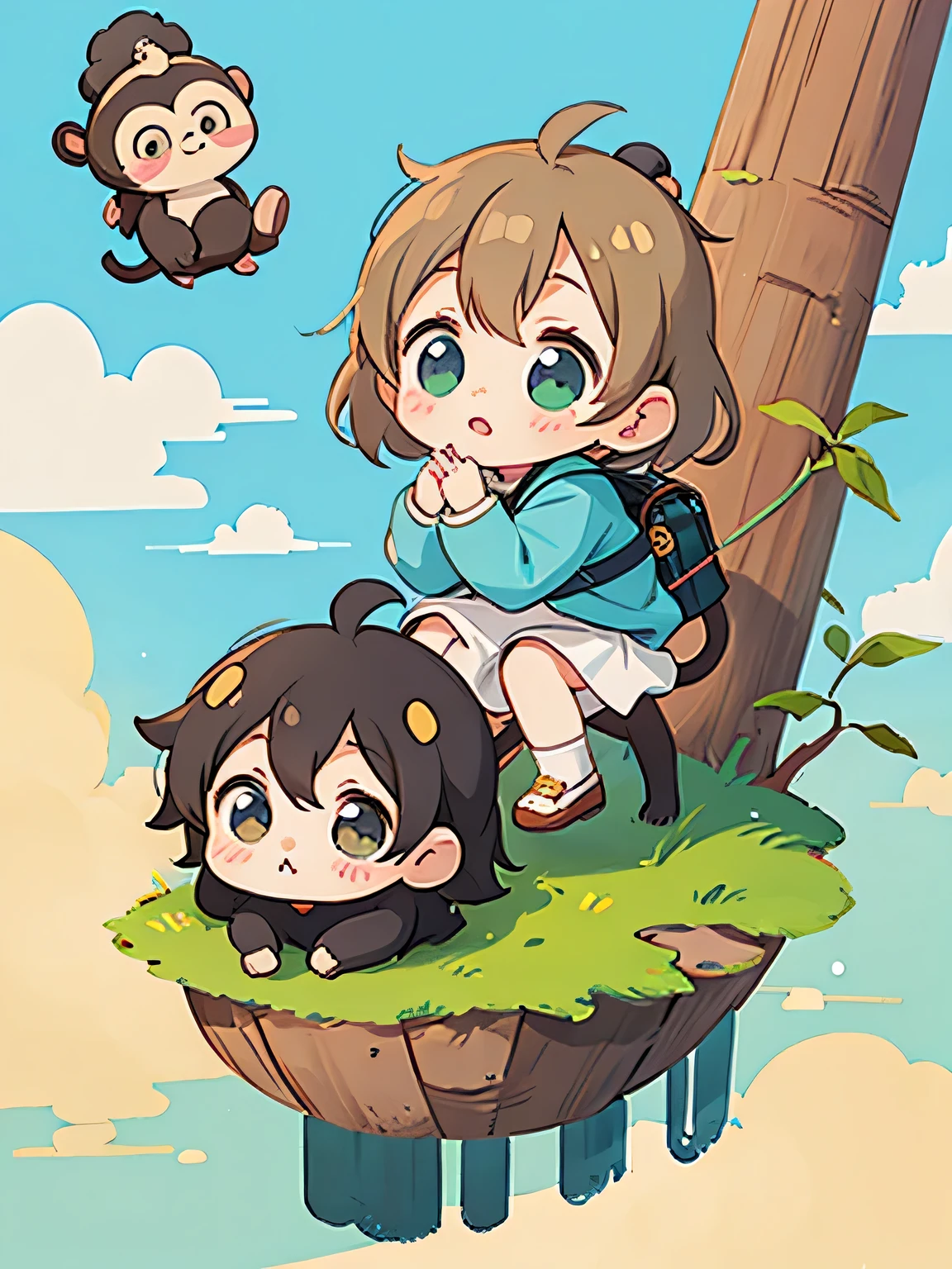 Tiv Style, Kawaii Design, Chibi girl monkey, monkey Forest, Above the Clouds, Carrying you