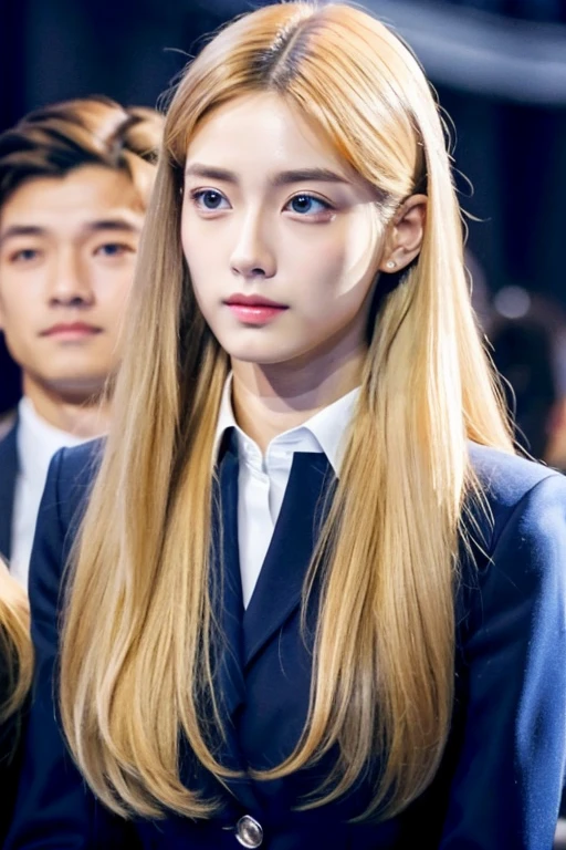 masterpiece,blonde、Long Hair best quality, (Realistic:1.4), 8k, , Ultra-high resolution, Very detailed eyes and face, Very detailed, Confused, Professional,1 girl, ,skinny,Looking at the audience,suit,Upper Body,office lady, Zhang Jiaren,Long Hair, Sitting,