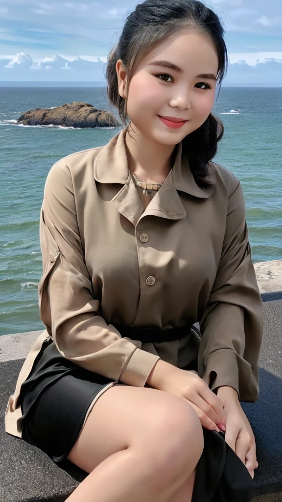 1 girl, alone, looking at the viewer, dark blonde long hair, hair is tied up, (sheer cheongsam, chinese dress), brown eyes, Coastal rocky background, small breast , smile, sitting, realistic, masterpiece, 最high quality, high quality, High resolution,